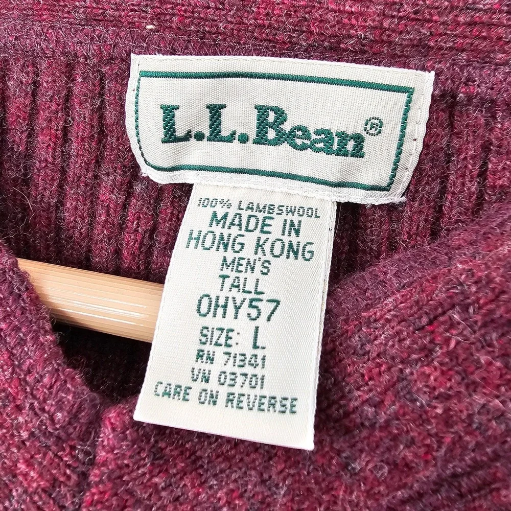 LL Bean‎ V-Neck Sweater Mens Large Tall Burgundy 100% Lambswool Ribbed Knit